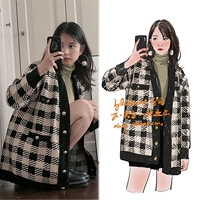 Mùa thu 2019 mới lười gió buông thả hoang dã retro houndstooth họa tiết đan len kẻ sọc áo len nữ - Đan Cardigan áo khoác len cardigan nữ