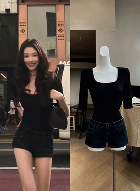 易梦玲网红明星同款黑色方领短袖T恤女设计感夏季U领显瘦修身上衣