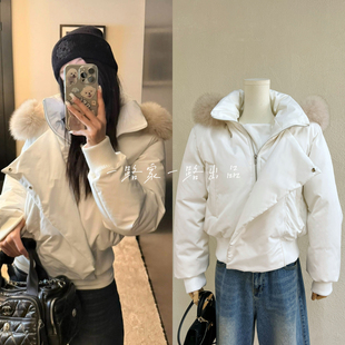 冰岛时分 狐狸毛领白色短款羽绒服女冬季加厚面包服收腰连帽外套