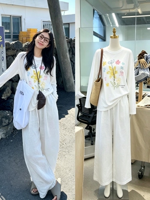 ELU夏季白色印花罩衫女夏季薄款微透慵懒风长袖天丝T恤防晒上衣