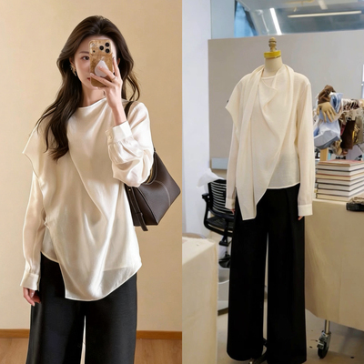 春夏莱赛尔混纺飘带圆领衬衫女