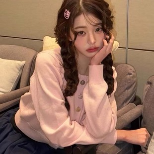 张元英同款韩系温柔风粉色开衫毛衣2026春季新款软糯保暖针织上衣