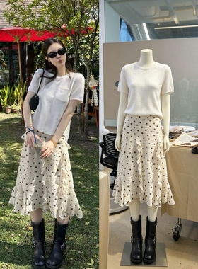 韩国设计师款藤姐同款波点荷叶边半身裙仙女裙天丝白色针织短袖