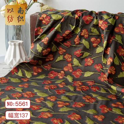 田园风橙红花朵立体浮雕提花面料复古连衣裙衬衫外套色织装饰布料