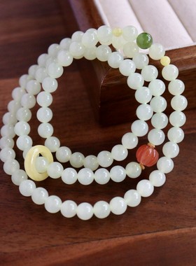 天然和田玉黄口手链6mm圆珠老坑料玉质细腻油润黄口冰底碧玉南红