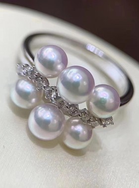 天然稀有樱花色系珍珠多珠戒指s925精工工艺，极光Akoya 品质