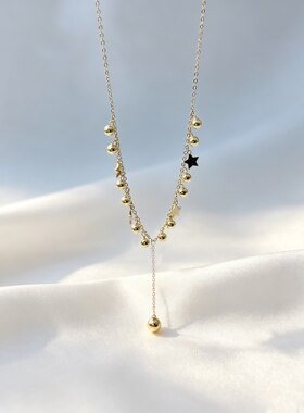 18k金星光铃铛锁骨链，小金珠+星星挂坠 重约1.7克