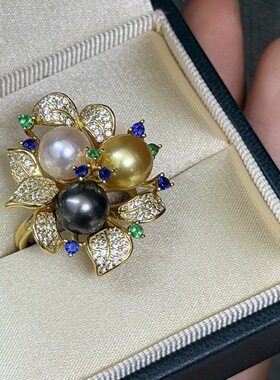 s925银大溪地黑珍珠、南洋金珠、Ak海水珍珠戒指