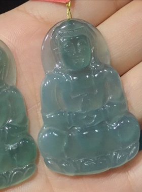 天然翡翠蓝水大号观音吊坠，种水颜色好