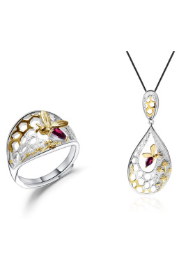 设计师款自然风开口可调节戒指 蜜蜂蜂巢设计s925银天然宝石戒指