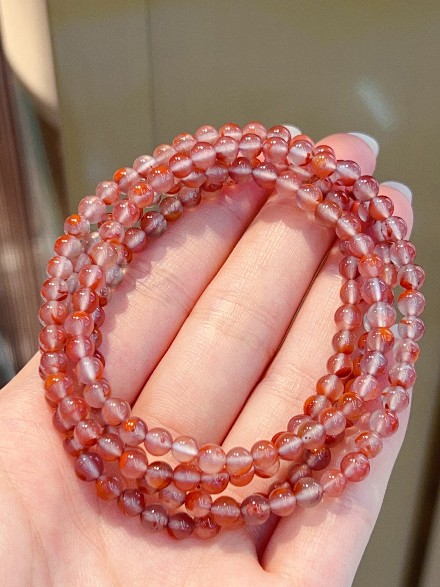 原矿南红飘红佛珠项链，珠子：4-5mm