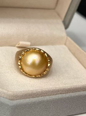 s925银海水金珠马贝珍珠戒指 拉丝工艺，15-16mm