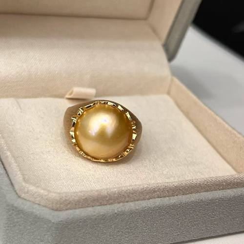 s925银海水金珠马贝珍珠戒指 拉丝工艺，15-16mm