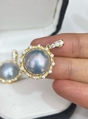 海水马贝珍珠s925银吊坠万能扣设计裸石14-15mm，微纹