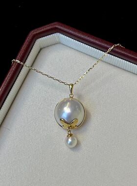 18k海水马贝珍珠吊坠，15-16mm海水马贝珍珠基本无暇，送纯银链子