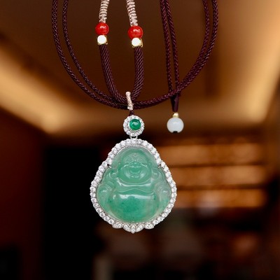 天然非洲翠佛公项链 约mm  花纹流畅 翠色欲滴 S925纯银镶嵌