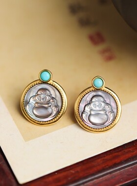 天然澳洲碟贝笑佛纯银镀金中式弥勒佛耳饰 整体尺寸：15x17mm