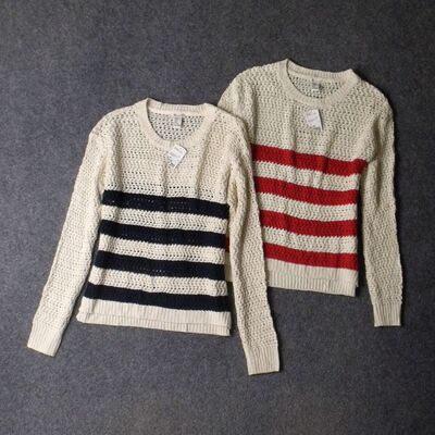 5263-外贸大码好做工条纹撞色针织长袖U领棉质毛衣针织衫