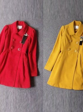 8525-特价毛呢风衣大衣 修身显瘦长款双排扣气质外套 胸围86-102