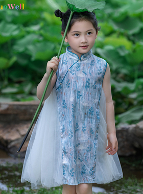 NuoNuoWell夏季女宝宝中国风连衣裙女童改良版旗袍拼接网纱裙