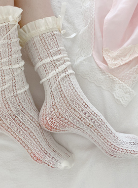 甜美白色蕾丝袜子洛丽塔短袜日系蝴蝶结网袜薄款中筒袜堆堆袜少女