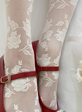 温柔奶油色丝袜夏薄款日系甜美浪漫玫瑰蕾丝复古白色袜子女连裤袜