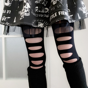 黑色厚丝袜80D日系街拍个性 袜 破洞y2k千禧辣妹少女风朋克镂空连裤