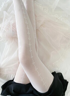 小花蕾丝丝袜日系甜美薄款竖条复古纯白色袜子温柔梦幻连裤袜少女