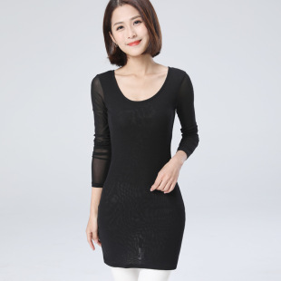 加绒加厚保暖网纱打底衫女长袖t恤加大码胖mm韩版200斤秋冬中长款