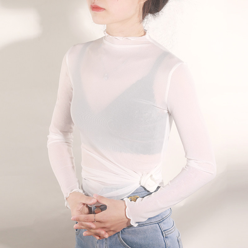 高领网纱打底衫女春季2022新T恤