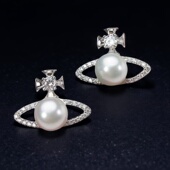 S925 纯银耳钉空托 金色银色银饰耳环女 DIY珍珠配件 配7 8mm圆扁