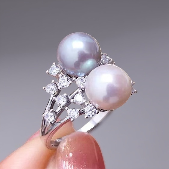 S925纯银戒指空托金色银色双珠