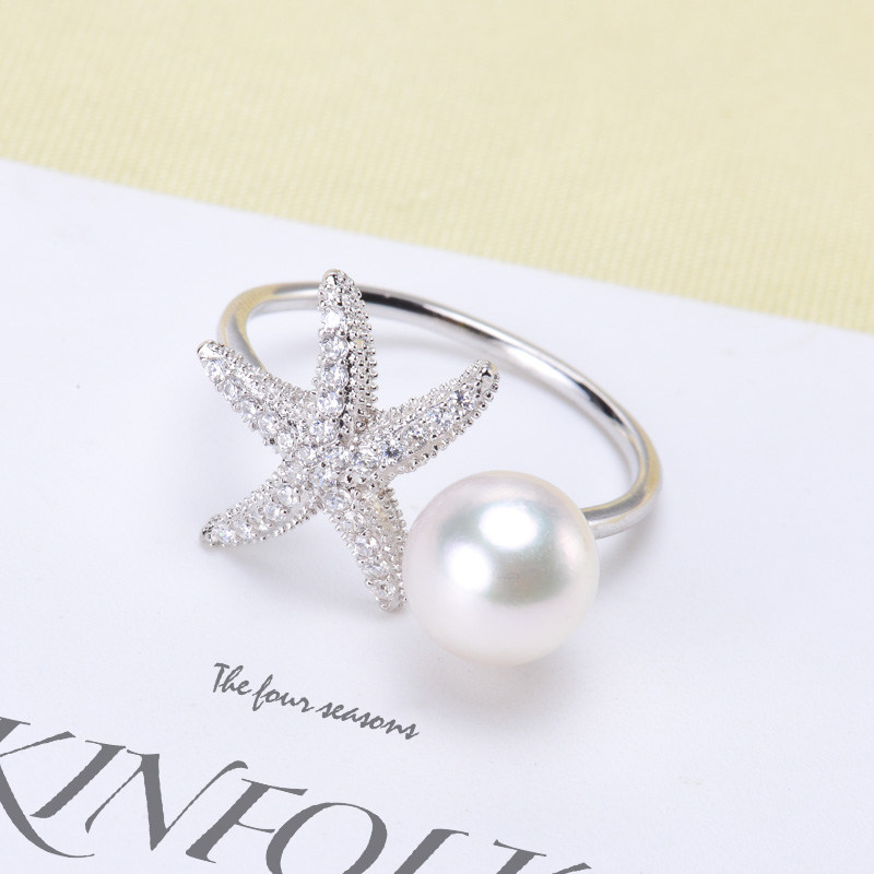 DIY珍珠配件 S925纯银珍珠戒指空托 海星款指环托 配7-9mm圆扁珠
