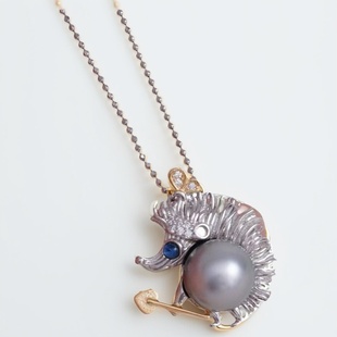 配9 DIY珍珠配件 小刺猬分色项链坠 纯银吊坠空托 10mm圆 S925