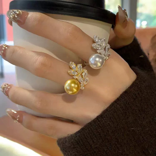 DIY珍珠配件 S925 纯银戒指空托 金色银色厚版银饰托 配10-13mm圆