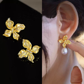 S925 纯银耳钉空托两戴 金色银色银饰 DIY珍珠配件 配9 15mm圆巴