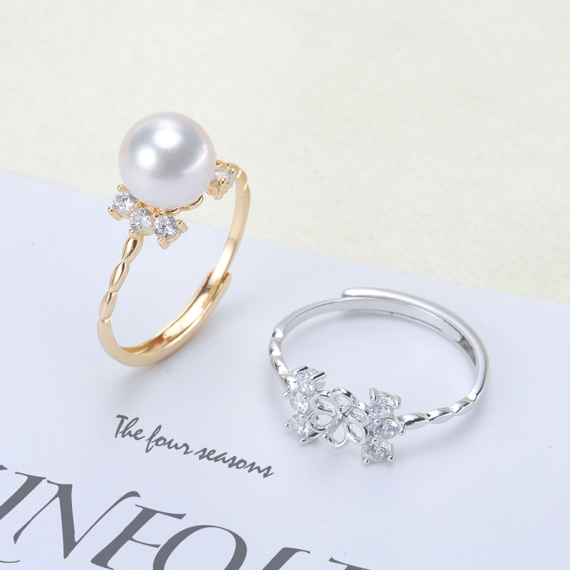 DIY珍珠配件 S925纯银珍珠戒指空托 时尚指环托女 配7-9mm圆扁珠