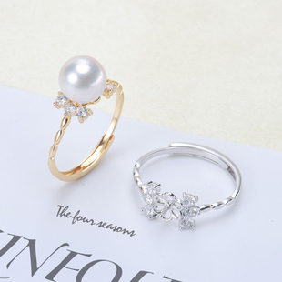 配7 DIY珍珠配件 指环托女 时尚 9mm圆扁珠 S925纯银珍珠戒指空托