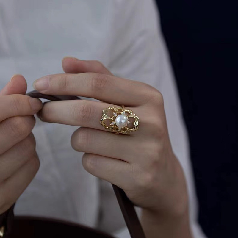 DIY珍珠小配件 S925纯银戒指空托 K金版指环银饰托 配8-10mm圆珠