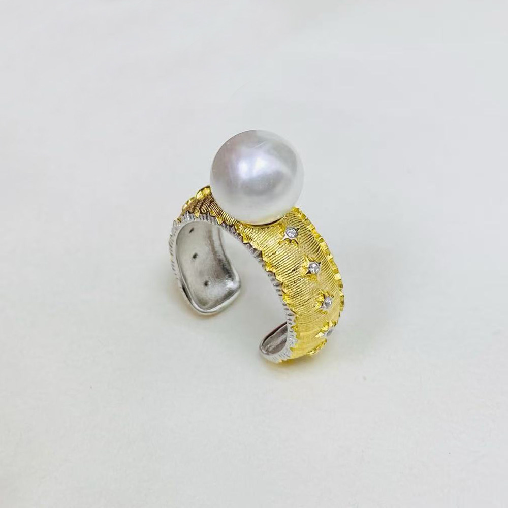 DIY珍珠配件 S925 纯银戒指空托 分色开口厚版银饰托 配10-12mm圆