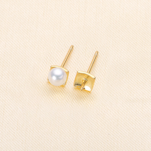 配4 珍珠玉石耳钉耳环空托简约款 6mm圆椭珠 S925银 DIY珍珠配件