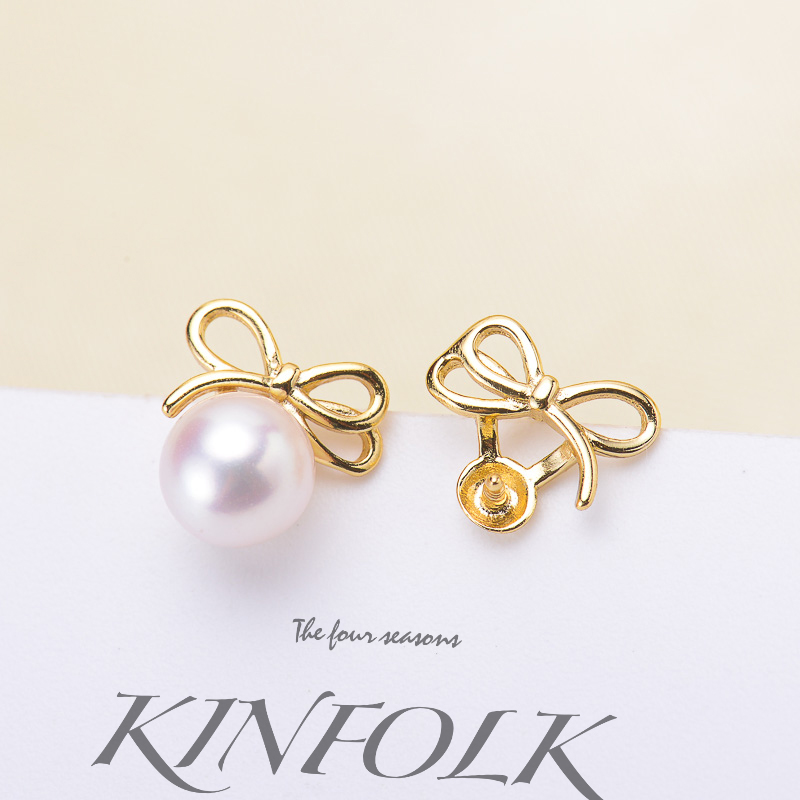 DIY珍珠配件 S925纯银耳钉空托 蝴蝶结款银饰耳环托配5-7mm圆扁珠