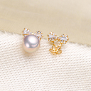 配6 珍珠玉石耳钉耳环空托蝴蝶结 8mm圆扁珠 S925银 DIY珍珠配件