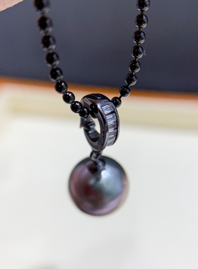 DIY珍珠配件 S925 纯银吊坠空托 时尚黑色项链坠 配9-13mm圆巴珠