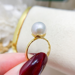 S925 配9 纯银戒指空托 金色银色银饰托 12mm圆 时尚 DIY珍珠配件