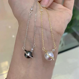 金色银色吊坠带银链 11mm圆 S925纯银星球项链空托 DIY珍珠配件