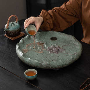 家用圆形长方形 窑变釉复古风陶瓷茶盘茶台干泡台沥水盘2024新款
