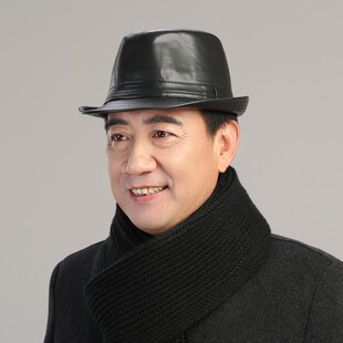 黑色皮帽男春秋冬季礼帽牛仔帽韩版潮遮阳帽中老年人绅士爵士帽子
