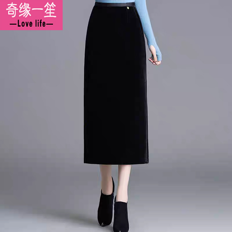 加绒金丝绒半身长裙女秋冬开叉