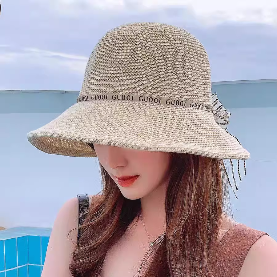 蝴蝶结字母织带渔夫帽女夏季薄款帽子